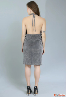 Grey Metallic Halterneck Cowl Dress