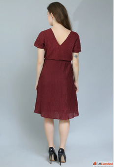 Burgundy Pleated V Neck Dress
