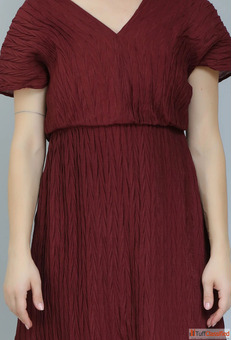 Burgundy Pleated V Neck Dress