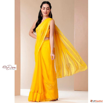 Orangish Yellow Chiffon Saree with Sequin Embellishments