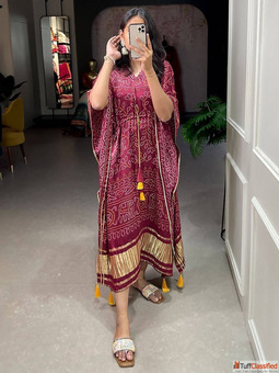 Maroon Bandhani Print Gaji Silk Event Wear Readymade Kaftan