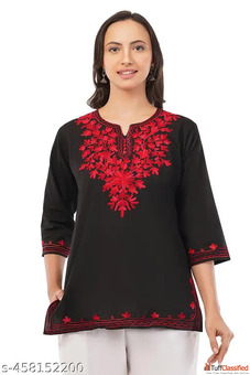 Women Embroidered Pure Cotton Straight Kurta Black Red