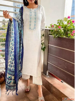 Slub Kurta Pant Set with Khadi Dupatta