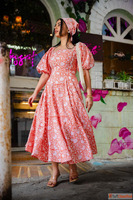 Buy Peach Floral Corset Cotton Dress With Detachable Sleeves...