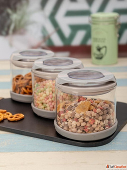 White Gold Set Of 3 Transparent Grey Flip Lock-Tight Borosilicate Glass Storage JarsOn Sale