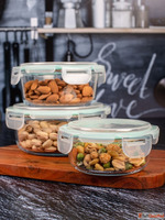 GOODHOMES Set Of 3 Transparent Glass Storage Bowl with Plast...