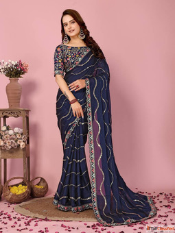 Simple and Stylish Blue Saree - Order from Mirraw