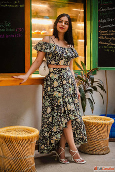 Black Floral Ruffle Co-ords Set In Tops Skirt Online For Women By Odhanon