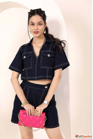 Shop Blue Denim Cropped Top and Skort Coord Set For Women By...