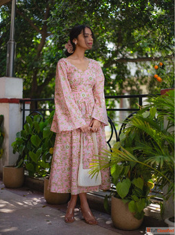Buy Pink Elegant Flare Cotton Printed Dress For Women By Odhanon