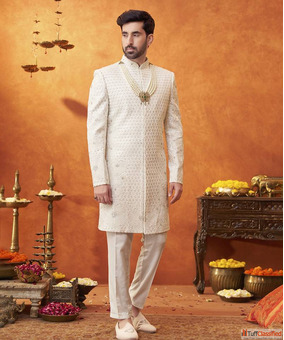 Ivory White Embroidered Sherwani with Dupatta and Pearl Mala for Groom
