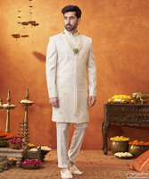 Ivory White Embroidered Sherwani with Dupatta and Pearl Mala...