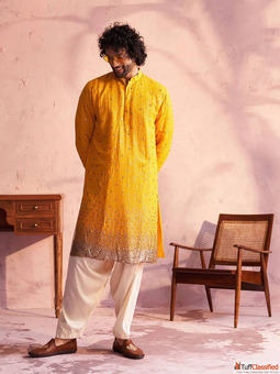 Mustard Yellow Embroidered Kurta with White Pajama for Festive Wear