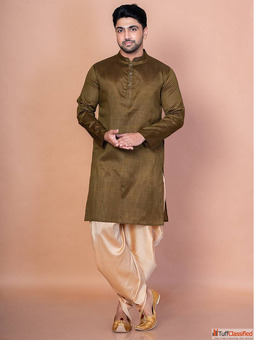 Olive Green Silk Kurta with Golden Dhoti Pants - Royal Ethnic Wear for Men