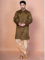 Olive Green Silk Kurta with Golden Dhoti Pants - Royal Ethni...