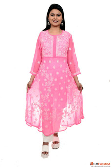 Lucknowi Chikan Georgette Baby Pink frock