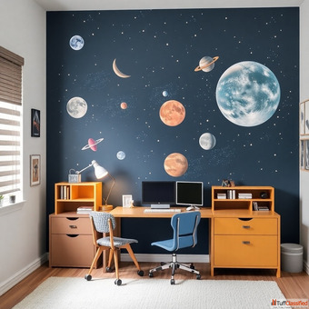 Modern Kids Study Room with Space-Themed Wall Mural