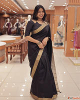 Elegant Black Semi Linen Saree with Golden Zari Border Buy O...