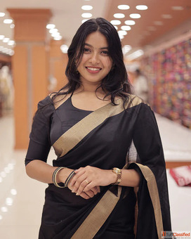 Elegant Black Semi Linen Saree with Golden Zari Border Buy Online at Best Price