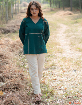 Buy Cotton Teal Blue Embroidered Top For Women By Babli