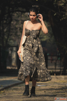 Buy Black Floral Cute Knotted Summer Dress For Women By Odhanon