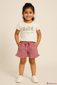 Girls Floral Quote Tee Pink Ruffle Shorts Set