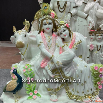 Premium White Marble Radha Krishna Statues for Home and Temple