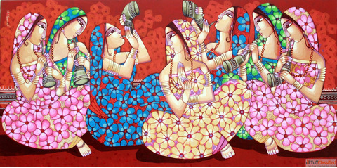 Purbarag by Sekhar Roy - Radha Krishna Original Acrylic Painting Indian Spiritual Art for Sale