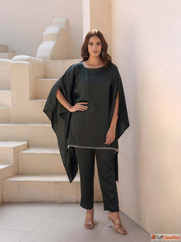 Buy Mahendi Color Kaftaan Co-Ord Set With Golden Lace Hem For Women By Tittli