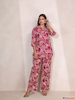 Shop Maroon Rayon Printed Tunic Kurta and Trouser Co-Ord Set Online For Women By Tittli