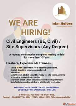We are hiring Site Engineers CIVIL Supervisors
