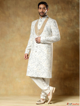 White Embroidered Sherwani Set for Groom by Taksh Men