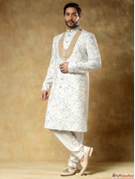 White Embroidered Sherwani Set for Groom by Taksh Men