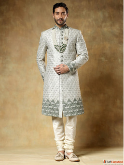 Pista Jacquard Sherwani Set Men's Wedding Sherwani by Taksh Men