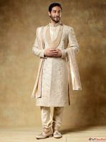 Fawn Embroidered Sherwani Set Men's Wedding Sherwani by...