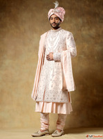 Pink Embroidered Sherwani with Stole Men's Wedding Sher...