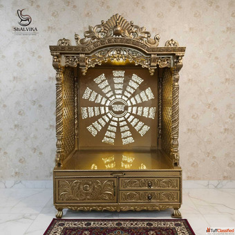 Wooden Carved Mandir in Antique Gold