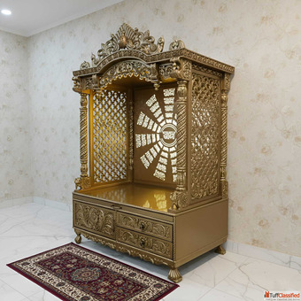 Wooden Carved Mandir in Antique Gold