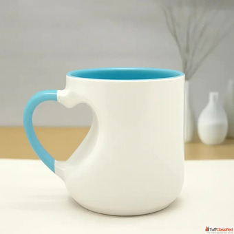 Personalized Heart Cut Handle Printed Mugs