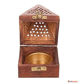 Wooden with Brass Bowl Cone Burner with Decorative Jali Design Handcrafted Brown