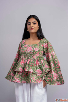 Buy Women's Green Floral Peplum Top For Summer Online By Odhanon