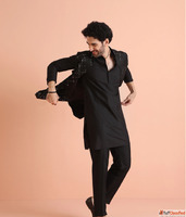 Black Cotton Embroidered Nehru Jacket Kurta Set