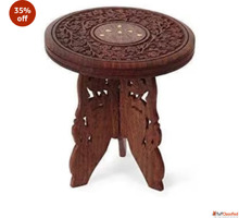Decorative Wooden Folding Stool with Carved Design Round Top...