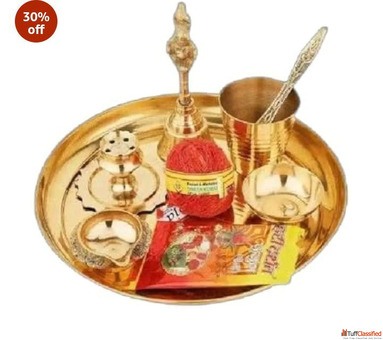 Traditional Brass Puja Thali Set 9 Pieces Complete Worship Accessories Gold