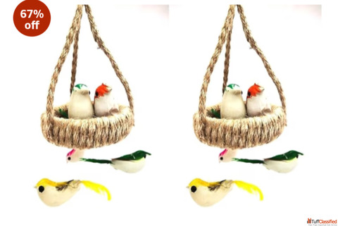 Decorative Bird Nest Hanging Ornament Set with Artificial Birds Jute Rope Design