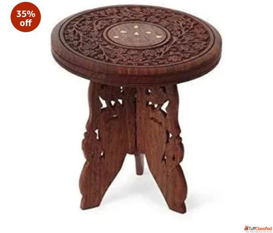 Decorative Wooden Folding Stool with Carved Design Round Top Brown 35 off
