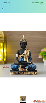 Decorative Buddha Statue Black and Blue with Gold Accents Meditation Pose Home Decor