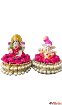 Decorative Laxmi Ganesha Idol Set with Pearl Base Pink and Gold Traditional Hindu Religious Statue
