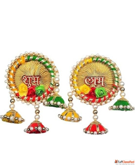 Decorative Shubh Labh Door Hangings with Pearl Beads Traditional Indian Wall Art Gold and Multicolou