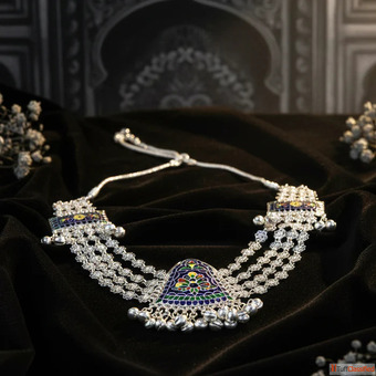 Aipan Phool Necklace - Traditional Silver Floral Necklace Kanchi Silver